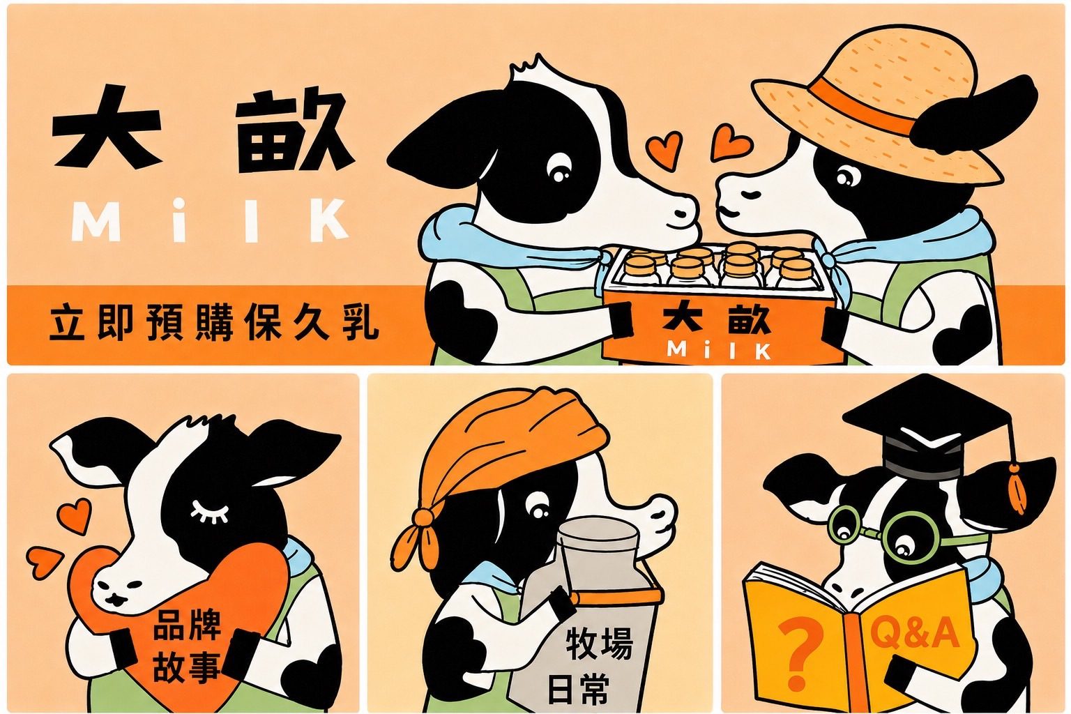 閉著眼睛抱著愛心的乳牛插畫