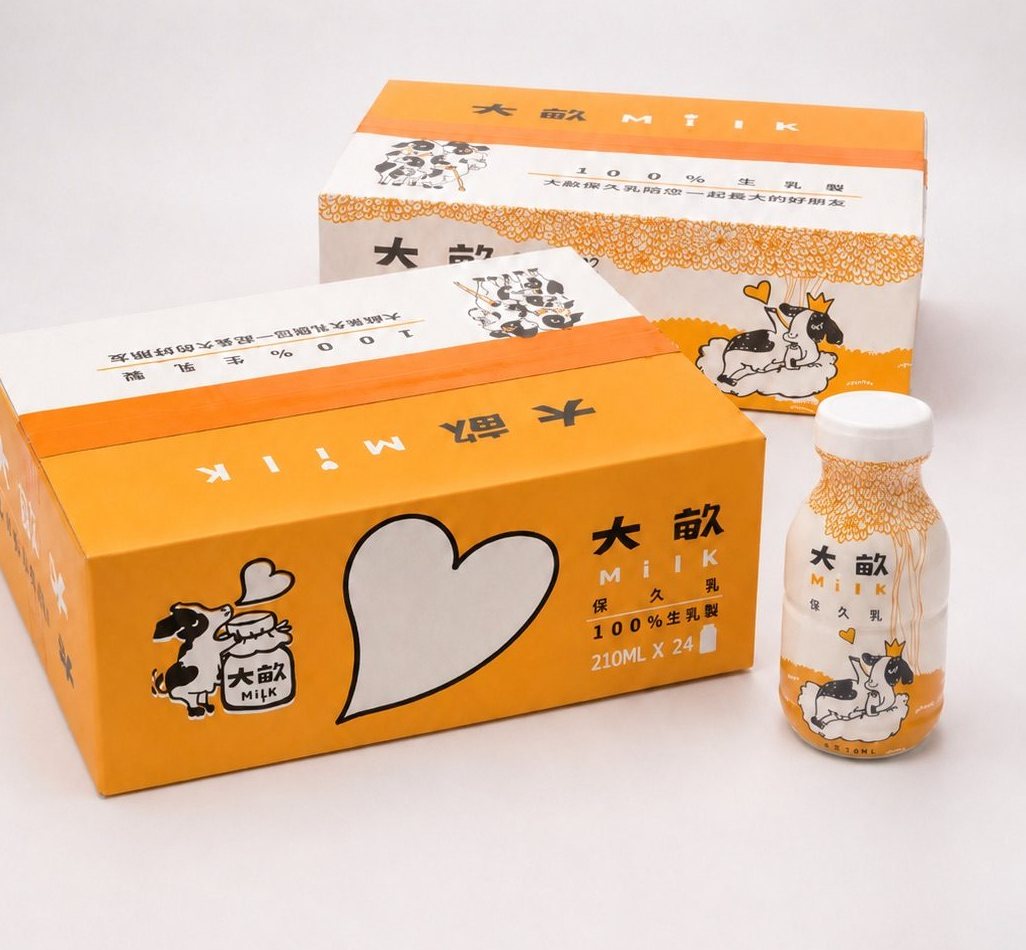 大畝 MiLK 保久乳整箱紙箱與單瓶商品照