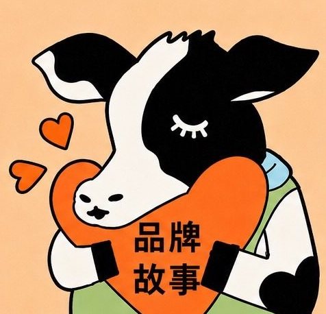 抱著橘色愛心的乳牛插畫，愛心上寫著「品牌故事」