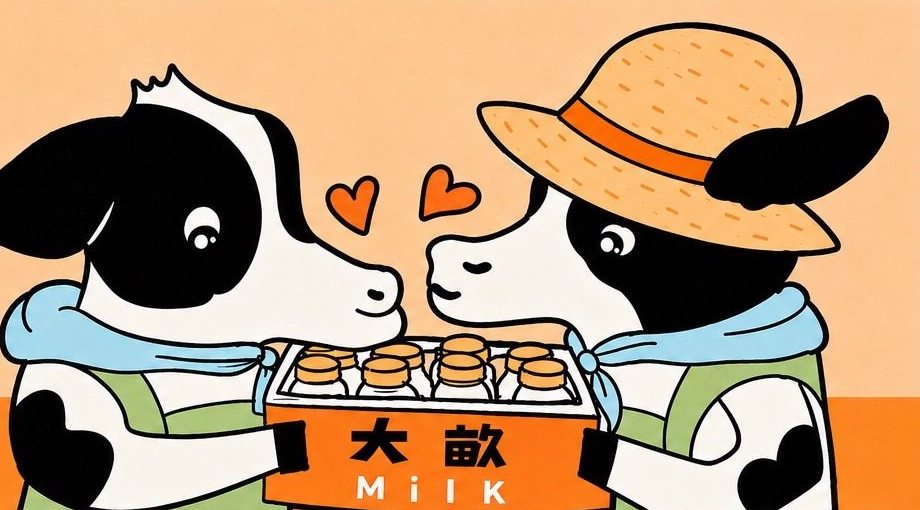 兩隻戴著藍色領巾的乳牛一起捧著裝滿大畝牛奶的橘色紙箱