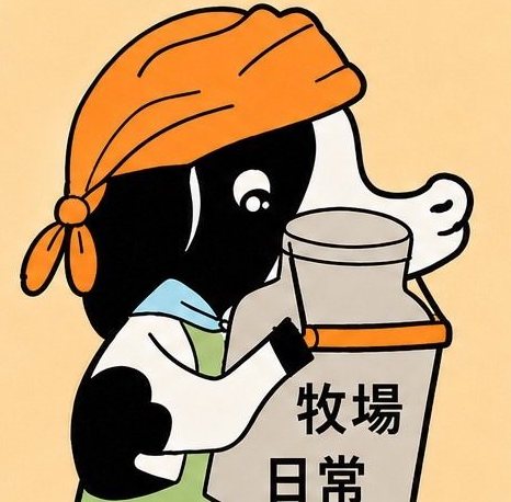 綁著橘色頭巾、抱著牛奶罐的乳牛插畫
